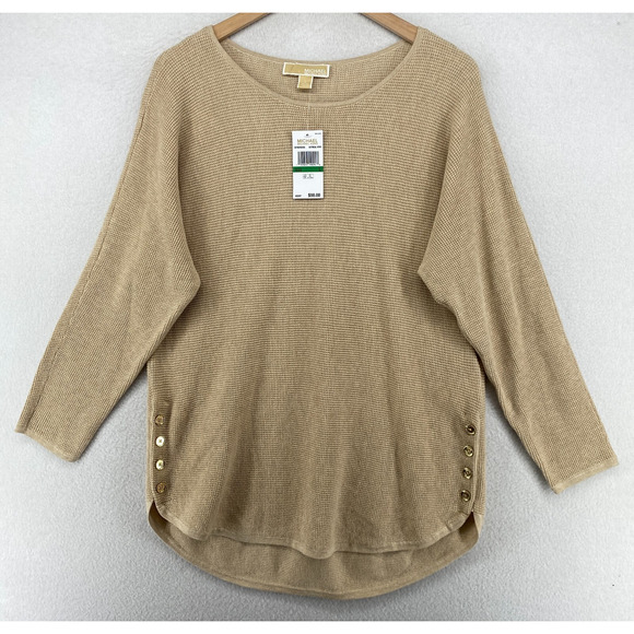 MICHAEL KORS Sweater Womens L Tunic Side Button Slit Dolman Pullover Beige NEW - Picture 1 of 16